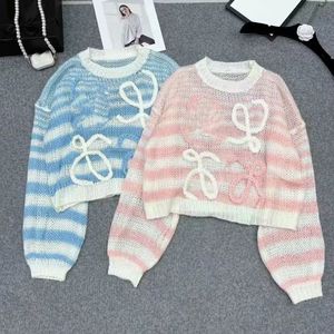 Women loose palazzo o-neck blue pink stripe pattern logo embroidery designer sweater jumpers SMLXLXXL