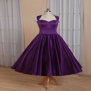 Setwell Elegant Purple Sweetheart A-line Evening Dress Sleeveless Tea Length Pleated Satin Prom Party Formal Gown 264S