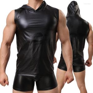 Bras Sets Men's Leather Hooded Sleeveless Tank Top Silm Sport Vest Shirts And Sexy Shorts