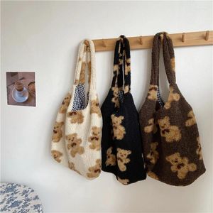 Väska kvinnors lamm sammet tyg tote canvas fluffy päls björn handväska stor kapacitet shopping flicka söt skola