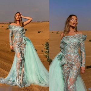 Eleganta aftonklänningar en-axel långa ärmar spetsapplikationer prom klänningar 2020 skräddarsydd löstagbar tåg specialtillfälle klänning 298e
