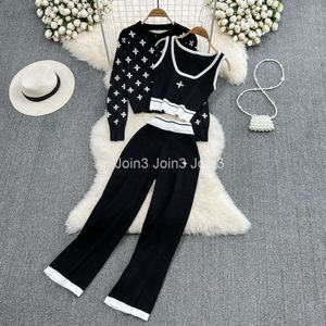 Womens cross embroidery knitted vest and sweater cardigan and wide leg long trousers 3 pcs set pants suit