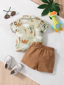 Kleidungssets Cartoon Tierdruck Kurzarmes Revershemd+Khaki Shorts Baby Boy Set