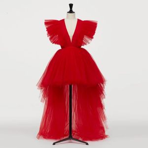 2020 NY RÖD BILD HOT RED HÖG LÅG TULLE PROM-klänningar Deep V-Neck Long Tutu Prom Gowns Ruffles Formella festklänningar 2020 294X