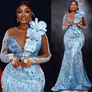 2024 ASO EBI Sky Blue Mermaid Prom Dress Cristais de renda de lacas de laca Evening Festa formal Segunda recepção Vestidos de noivado de aniversário Vestidos Robe de Soiree ZJ363 0514