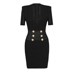 Abiti da pista da pista da pista da pista di alta qualità di alta qualità V Mlaia corta Pulsante Leone Testa Sexy Abito da passerella Milan Dressina Slim BodyCon Abito a maglia DR504