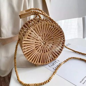 Fashion Round Beading Wooden Women Shoulder Crossbody Bags Rattan Handbags Bamboo Woven Summer Beach Straw Bag Small Bali Purses 240430