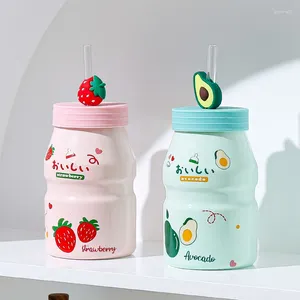 Mugs Ceramic Mug Cute Fruit Sippy Cups Couple's Home Use Lovely Milk Bottle With Lid And Straw Girl Birthday Gift