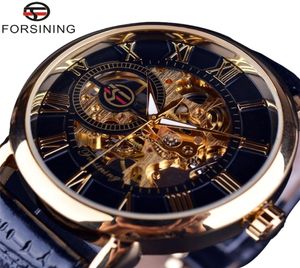 Forsining 3D Design Design Gravura Hollow Black Gold Case de couro esqueleto Relógios mecânicos Men Luxury Brand Heren Horloge 2202258408143