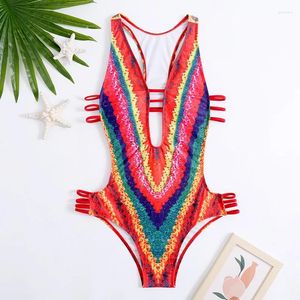 Costumi da bagno femminile sexy gradiente rosso donna profondo v collo a cavo out bandage perizoma bikini 2024 costume da bagno da bagno da bagno monokini da bagno