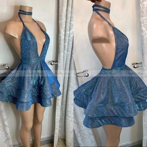 Sparkly Blue paljett Short Party Homecoming Dresses Sexig Deep V Neck Halter Backless African Prom Dresses Graduation Gowns 236s