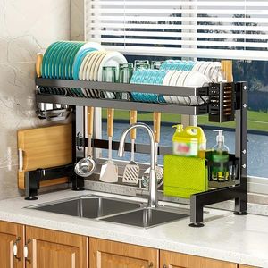 Kitchen Storage Multi-Functional Sink Rack With Drain Board And Cutlery - Painted Carbon Steel Material For Tableware