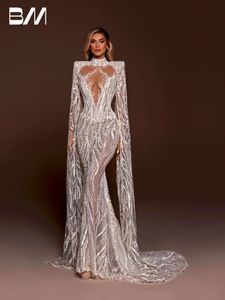 Illusion High Neck Bride Sukienki Sukienki syrenki bez pleców długiego rękawu suknia ślubna dla kobiet suknia z koralikami vestidos de novia
