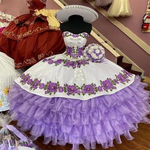 멕시코 라벤더 Quinceanera 드레스 라이트 보라색 레이스 볼 가운 주름 코르셋 탑 달콤한 16 드레스 연인 댄스 파티 가운 멍청이 de xv 2449