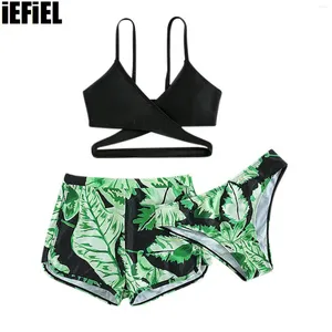 Set di abbigliamento ragazze da bagno stampato tropicale con spalline regolabili cinghie in bikini con slip da bagno e pantaloncini da bagno da bagno