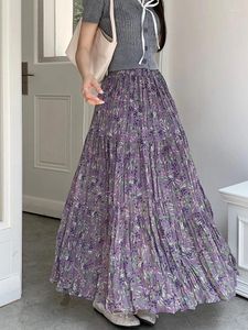 Юбки Purple Floral Spring Summer Mawringled Plearted Юбка Women Mori Girl Style Casual с высокой высокой талией Long Midi Falda Plisada