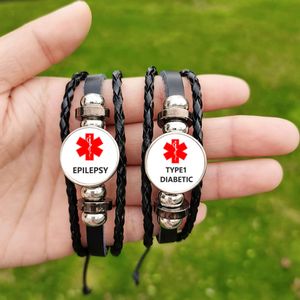 Medicinsk varning ID Typ 2 Diabetiker armband Men Epilepsi Allergi KOLD Anpassad glas Foto Handgjorda läderarmband Bangles Gift