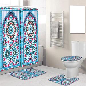 Shower Curtains Moroccan Curtain Bath Mats Set Blue Vintage Door Ethnic Style Floral Geometric Rug Bathroom Decor Non-slip Toilet Lid Mat