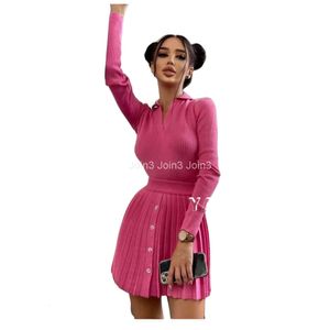 New european fashion womens turn down collar knitted top and pleated short skirt twinset 2 pc dress suit