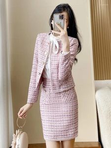 Vestidos de trabalho Pink de terno profissional de tweed saia de tweed primavera / outono casaco feminino