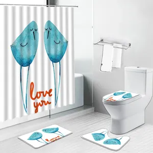 Duschvorhänge Blau Flamingo Cartoon Tier Chinese Stil Blume Vogel Badezimmer Vorhang nicht rutscher Bad Matte Toilettenabdeckung Teppiche Set Set