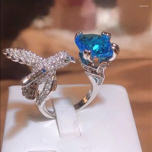 Klusterringar Trend Bird Square Sapphire Zircon Silver-Plated Par Ring For Women Opened Blue Diamonds Valentine Gift Jewelry