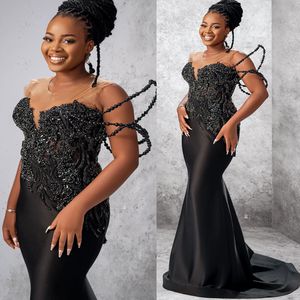 Aso Ebi 2024 Black Mermaid Prom Dresses Satin Crystals Beaded Evening Party Formal Second Reception Birthday Enagement PromDress Gowns LF040