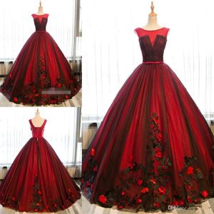 Svart och röd bollklänning quinceanera klänningar tyll söt 16 snörning 3d blommor prom party klänningar special tillfälle klänningar 2987