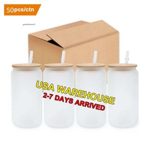 USA: s leverans 16oz Glass Cup Blanks Bamboo Lid Frosted Sublimation Beer Can Tumbler Mason Jar Mugg med plaststrå 0514