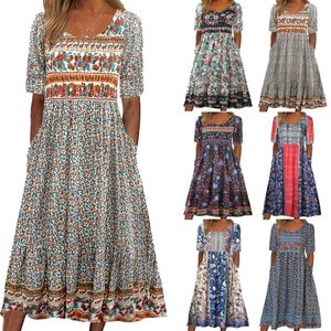 Europäischer und amerikanischer Sommer Womens Round Neck Kurzarm Langes Kleid Bohemian Print 240514
