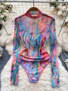 Singreiny American Retro Tie Dyeプリントのプレイスーツスタンドカラー長袖スリムな芸術的トップオープンクロッチメッシュセクシーボディスーツ240514