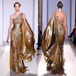 Zuhair Murad Haute Couture Appliques Gold Evening Sukienki Długo syrena jedno ramię z aplikacjami Sheer Vintage Contract Suknie 342V