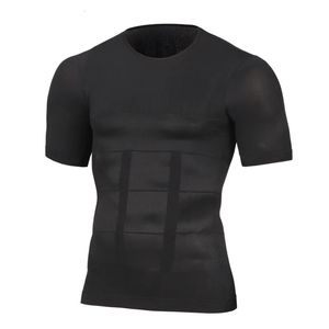 Män kroppsformar fitness elastisk buk tätt montering kort ärm skjorta tank tops form underkläder bantningsbröst formar 240514