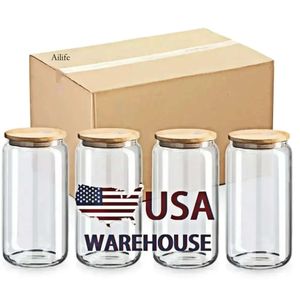 US Warehouse 16oz تسامي أكواب البيرة مع أغطية الخيزران وقش Tumblers DIY علب العلب نقل الحرارة ذيل مثلج أكواب ماسون الجرار 0514