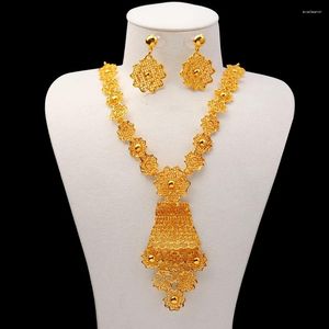 Brincos de colar Conjunto de ouro 24k Flor de ouro de duas peças Etiópia Jóias femininas do Oriente Médio Dubai Casamento