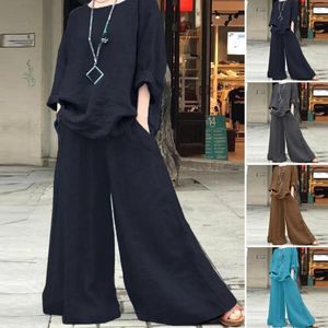 Running Sets Women Top Pants Set Stylish Mid-aged Women's Wear With Loose T-shirt Wide Leg Plus Size O Neck For Comfort