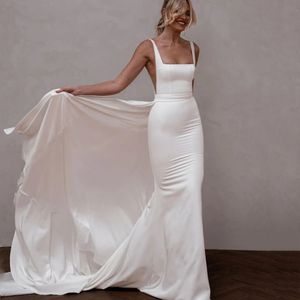 2024 Simple Spandex Wedding Dresses Detachable Train Women Square Collar Sleeveless Backless Bridal Gowns Sweep Train Buttons Vestido De Novia Customed