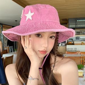 Pink Stars Bucket Caps for Women Summer Lace-up Retro Big Brim Y2K Punk Hats Outdoor Sun Protection Cowboy Fisherman Hat 240509