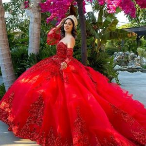 Vestidos rosso scuro messicano de 15 A abiti da quinceanera con maniche rimovibili Applique Sweet 16 abito da ballo lungo 264W