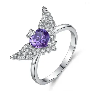 С боковыми камнями роскошь 2024 свадебные фиолетовые кольца для сердца для женщин циркон крыло серебряный цвет обещает украшения