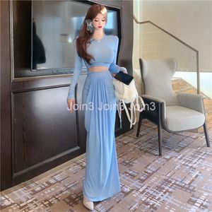 Womens o-neck long sleeve crop top and maxi long skirt 2 piece dress suit twinset SML