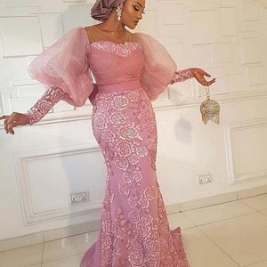 Puff Sleeves Mermaid Evening Dresses Aso Ebi Lace Appliques Prom Dress Plus Size Sheer Neck Formal Party Gowns 338P