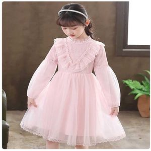 Abiti da ragazza Girl Dress Dress per Pearl Summer Childrens Leci Tround Round Lantern Maniche A-Line abbigliamento per bambini 3-7 anni Y240514