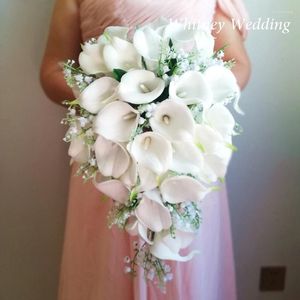 Bröllopsblommor brud verklig pos elfenben calla liljor med convallaria majalis bukett mariage cascading fleur artificielle