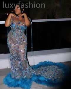 ASO EBI 2024 Blue Mermaid Prom Dresses Crystals Beaded Feather Party Formal Second Reception Birthday Enagement Promdress klänningar LF052