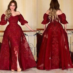 Saudi Arabia Burgundy Evening Dresses with Detachable Skirt Off Shoulder Short Sleeve Formal Prom Dresses Arabic Front Slit 283P