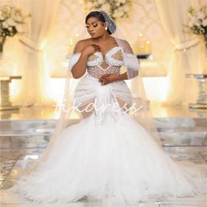 Çarpıcı Deniz Kızı Aso Ebi Gelinlik 2024 Sweetheart İnciler Artı Beden Afrika Ülke Gelin Gowns Trompet Bohem Kilisesi Gelin Elbise Vestias Novias Boda