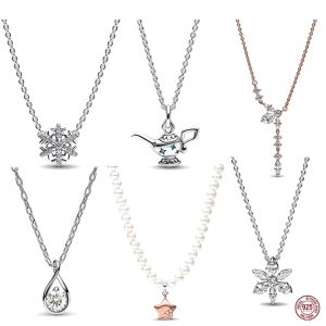 Fashion S925 Sterling Silver Drop-shaped Teapot Snowflake Square Pendant Necklace Fit Original Beads DIY Gift