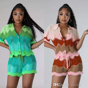 Knitted Tracksuits Colorful Patchwork 2 Piece Set Women 2024 Spring Summer Flare Sleeve Tops And Shorts Skinny Elastic Vacation Sets For Women Outfits