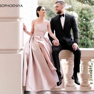 Vestidos de festa vestido de noite rosa elegante longa acetinada A-line Split Split formal vestidos de festa longo